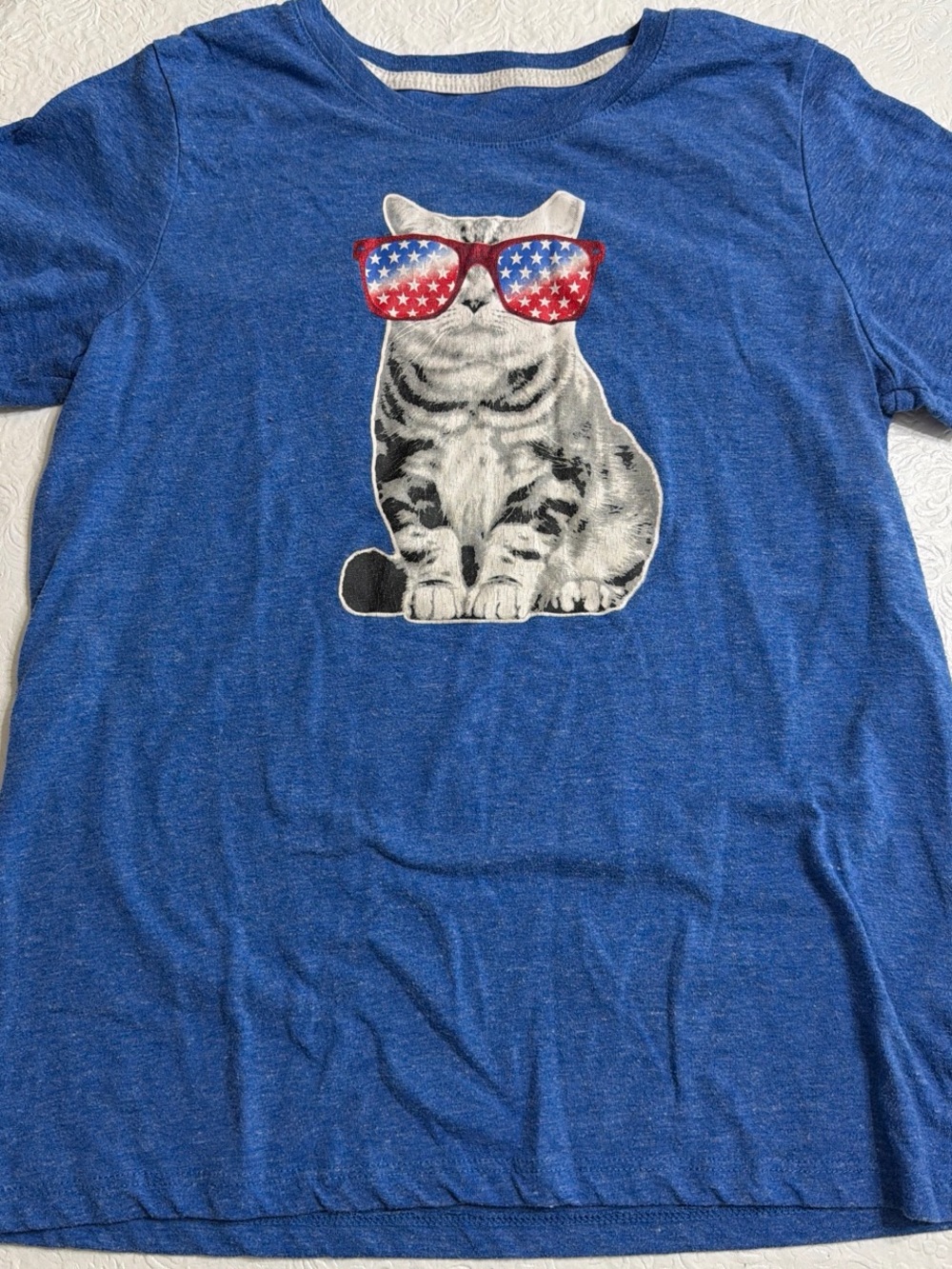 Source Unknown Blue Cat Graphic Tee with Red, White & Blue Sunglasses
